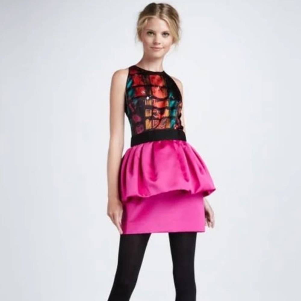 An Original Milly of New York SILK Graffiti Abstract PINK Peplum Mini Dress 4